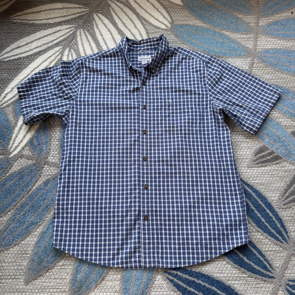 Carhartt‎ Mens Blue Plaid Cotton Relaxed Fit Short Sleeve Button Down Size XL